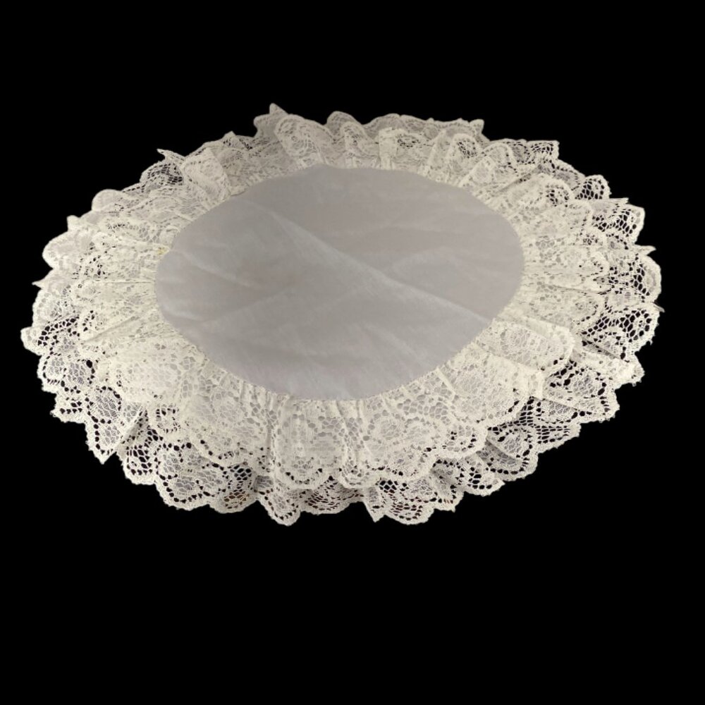 SATIN RING PILLOW -- Vintage 1980, Elastic Hold Strap, Ring Ties, Lace Doily - Picture 2 of 13